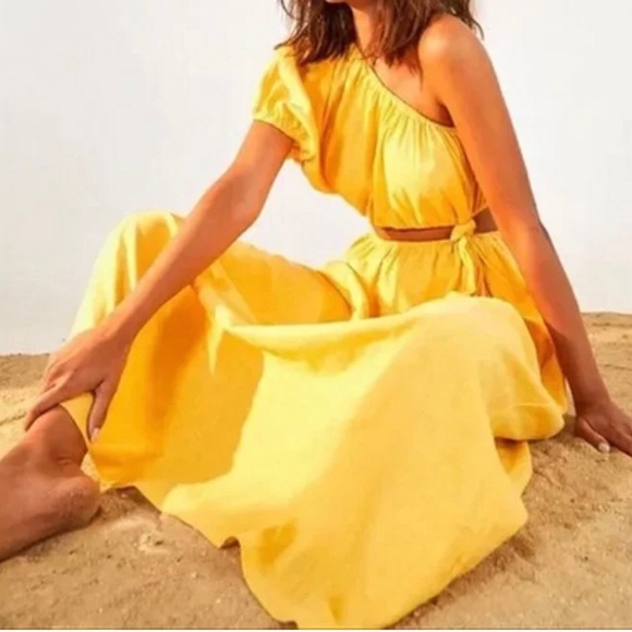 Farm Rio One Shoulder Open Waist Knotted Yellow Linen Blend Midi Dress Sz Small - Picture 13 of 13